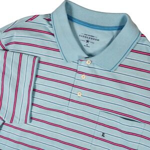 Saddlebred Mens Polo Shirt Turquoise Pink Striped Pocket Size XL Golf Athleisure